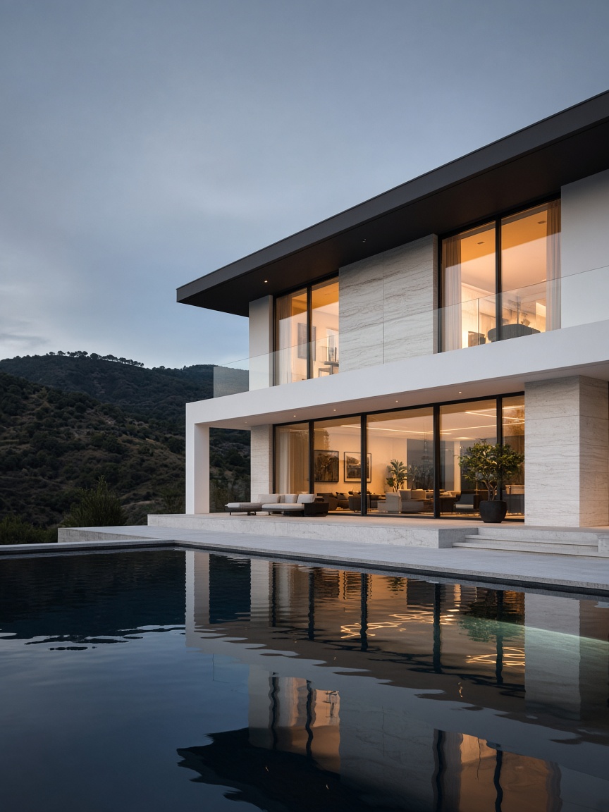 A modern villa with a flat roof, tall glass windows, and a reflecting pool