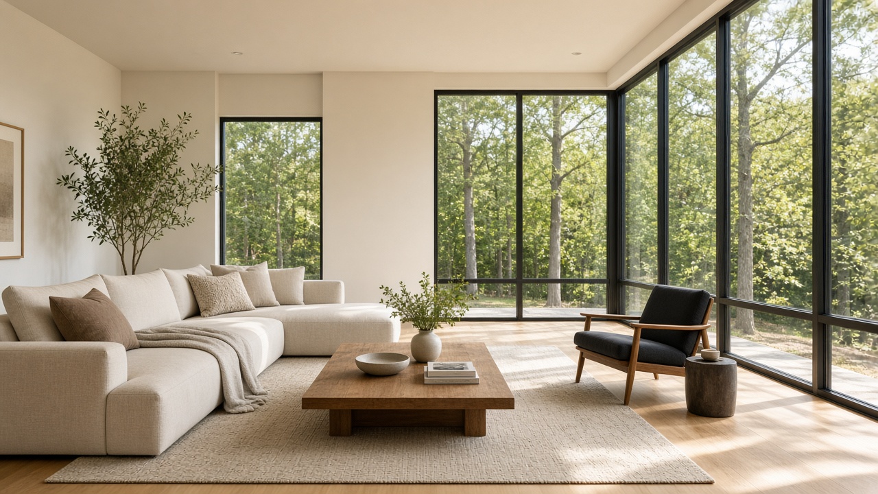 Airy living room with tall windows in a modern home