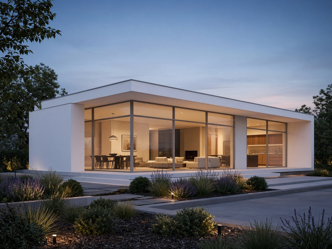 Modern two-story house with warm interior light at twilight