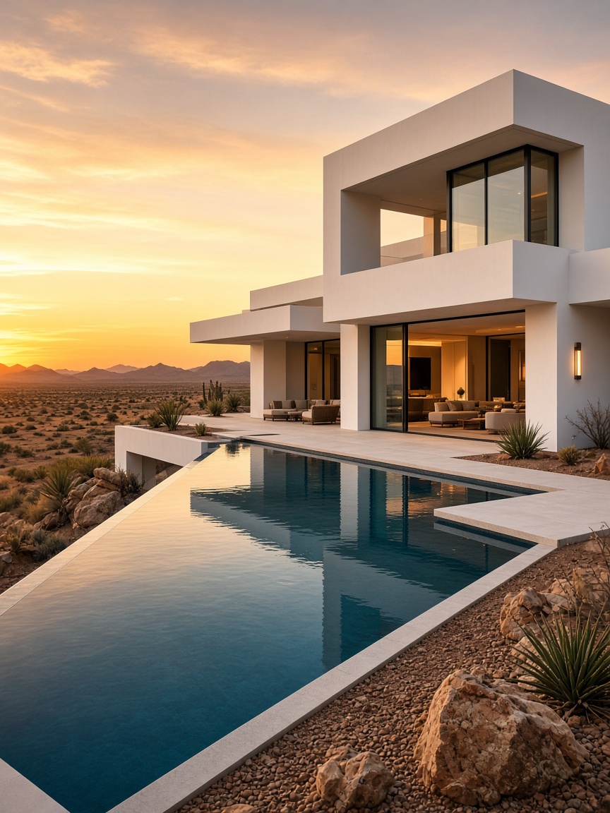 Luxury modern house with a pool and sunset light